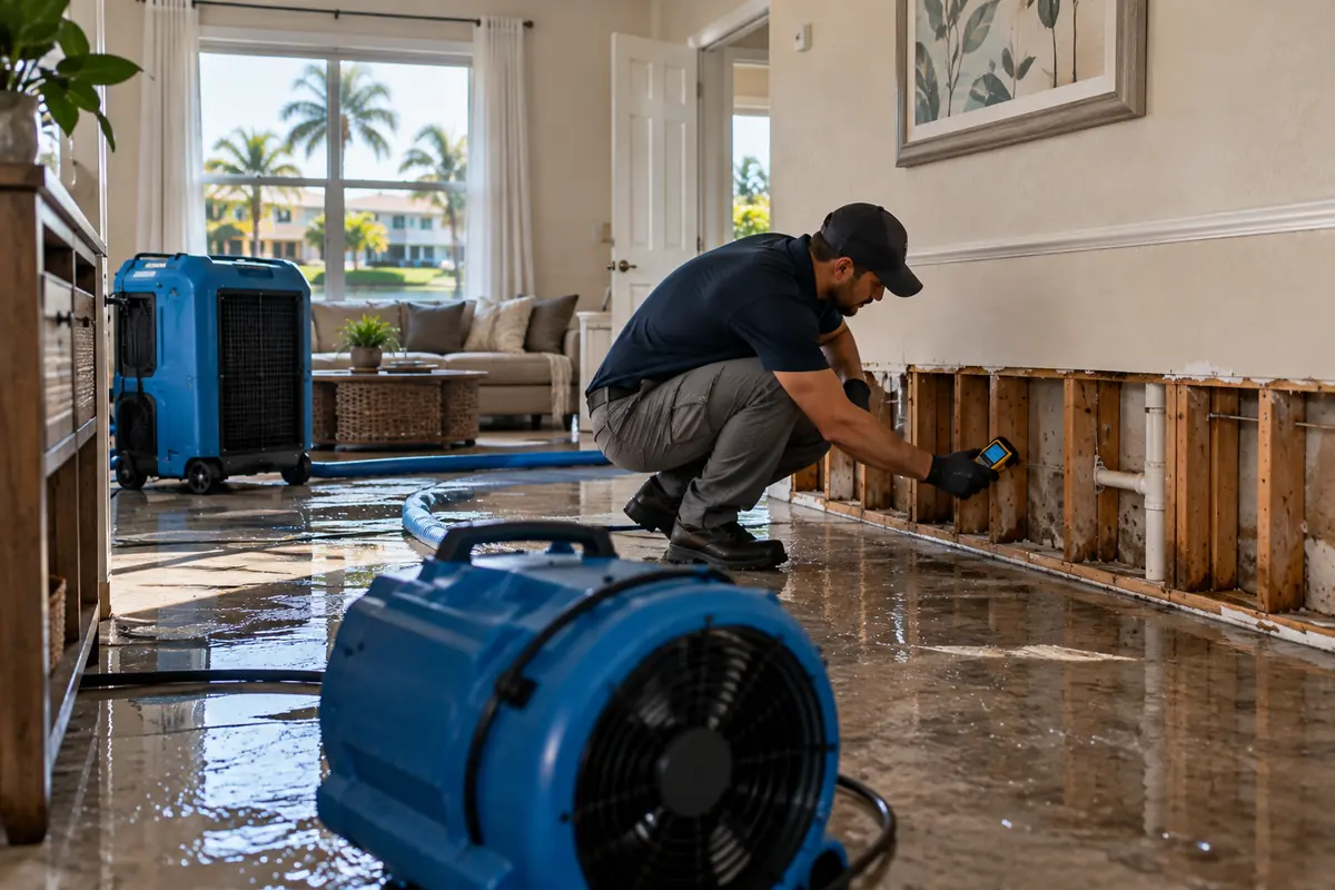 Technician measuring moisture in wall framing after wet drywall was cut away near a plumbing line