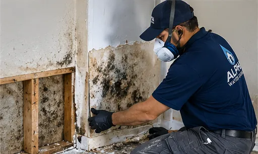 Technician in a respirator removing mold damaged drywall after a water leak
