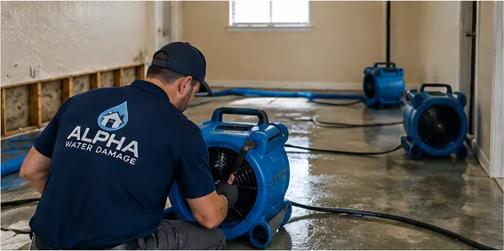 Air mover and dehumidifier setup drying a water damaged room