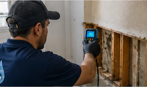 Technician using a thermal camera to check wet drywall behind removed baseboards
