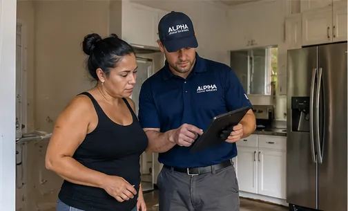 Alpha Water technician reviewing a water damage assessment on a tablet with a homeowner