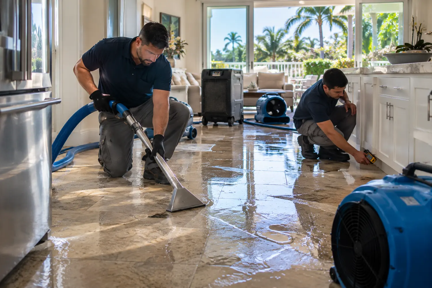 Technicians extracting water from a kitchen tile floor and checking a cabinet base with a moisture meter