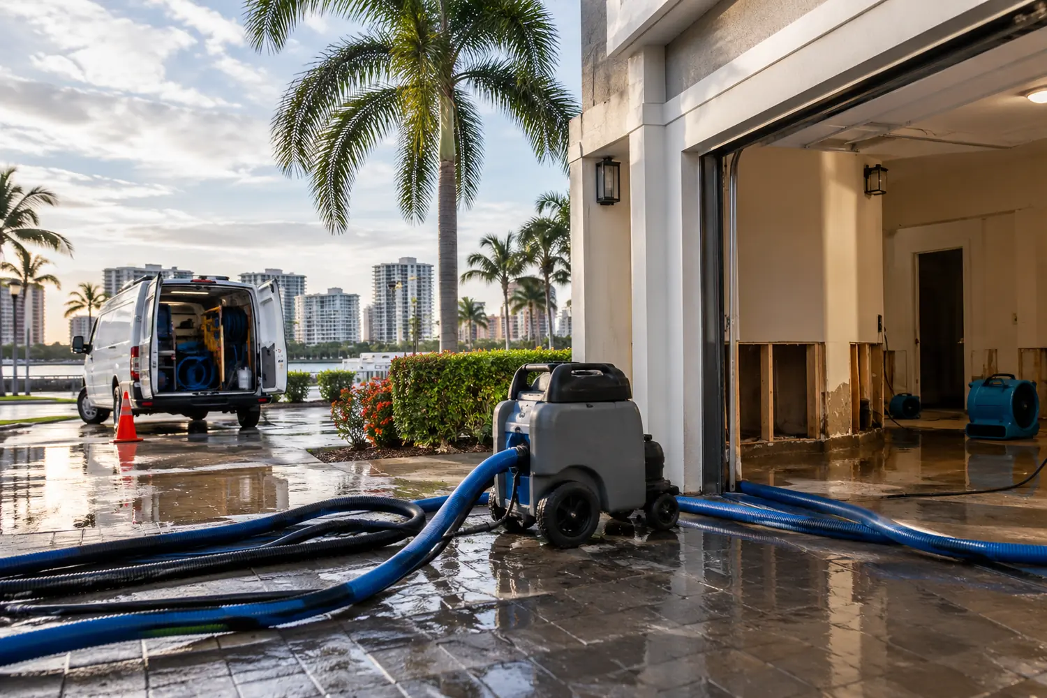 Water extraction unit with hoses running into a wet garage while air movers dry the room and a service van waits in the driveway