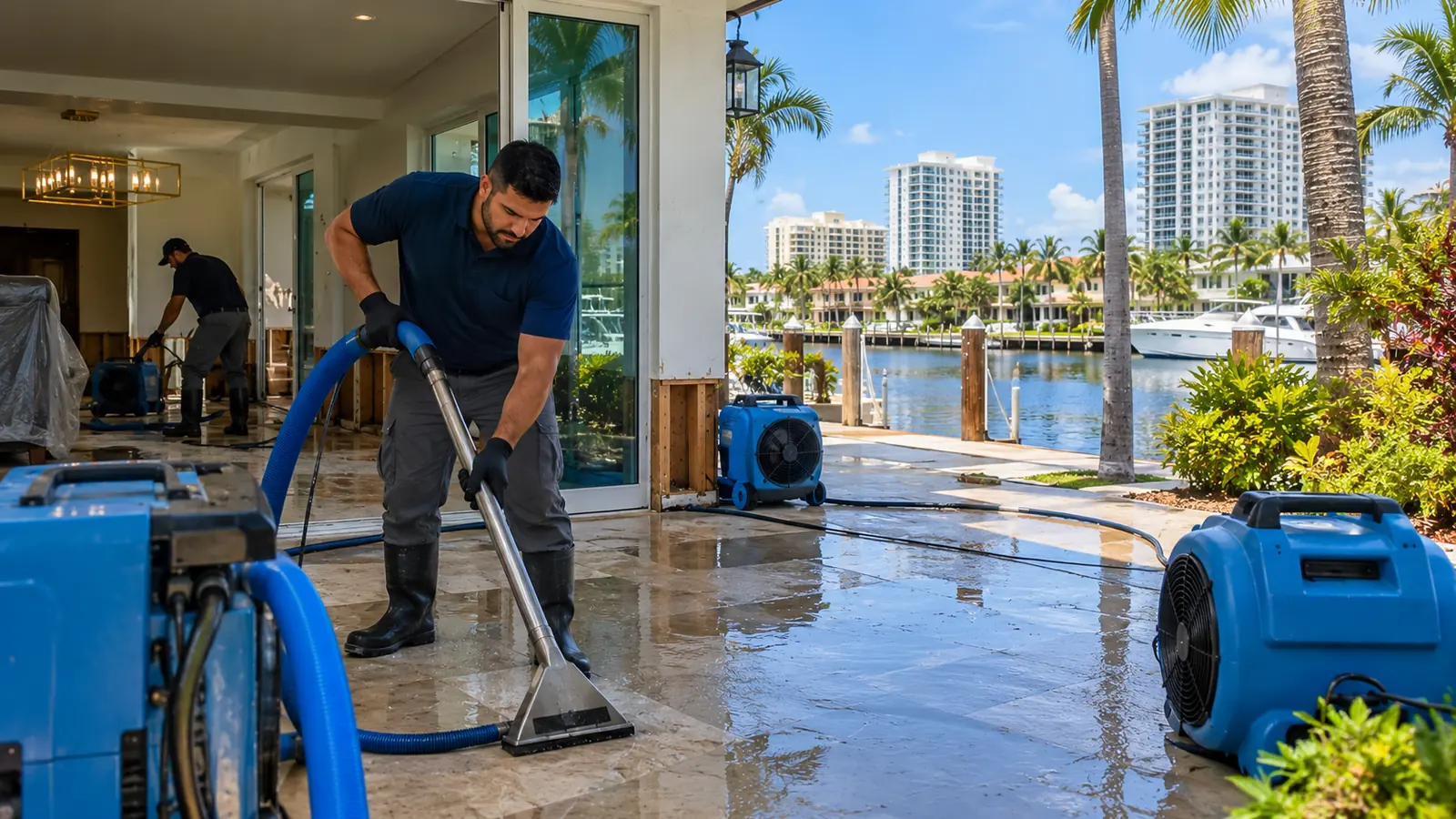 Technician extracting water from a tile floor at a waterfront home while drying equipment runs