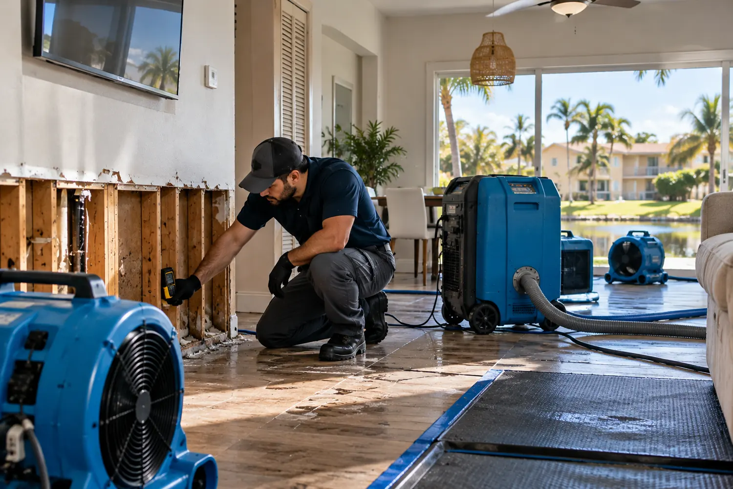 Water Damage Restoration in Lauderdale Lakes, FL Technician checking moisture in an opened wall during water damage restoration while dehumidifiers and air movers dry a living room