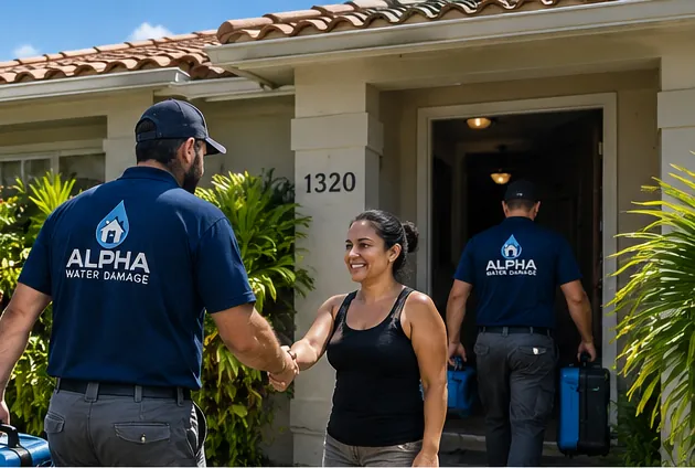 Alpha Water technicians greeting a homeowner before a water damage assessment