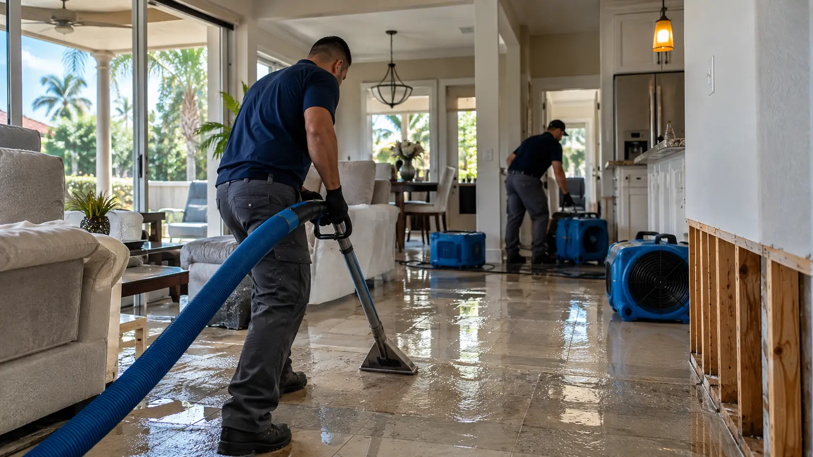 Water damage restoration technicians extracting water from a residential tile floor.