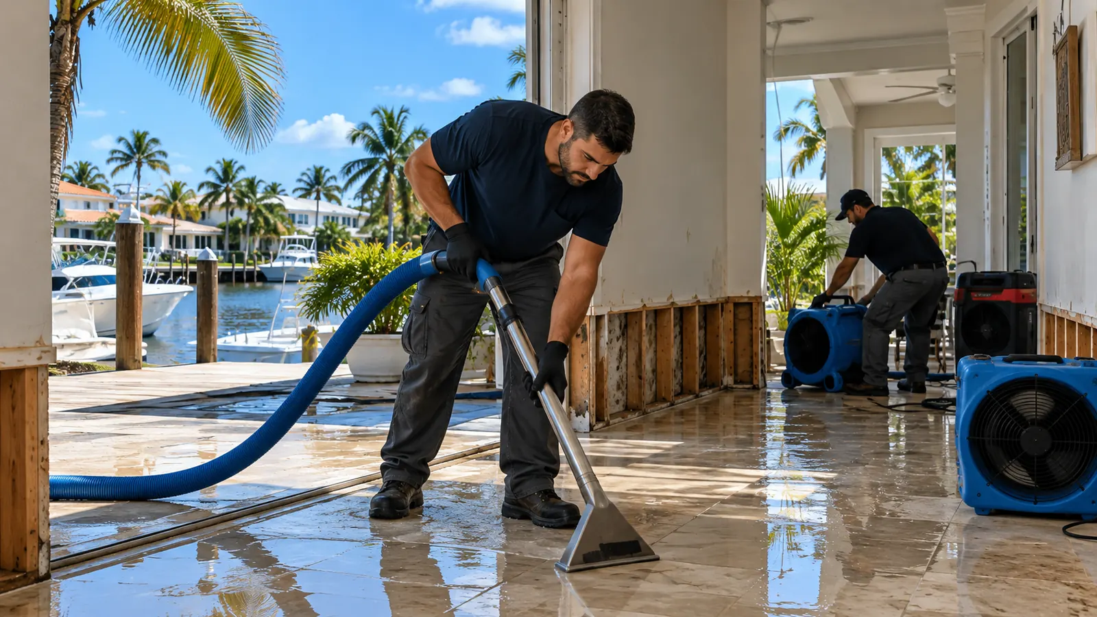 Water damage restoration technicians removing water from a South Florida home near Pompano Beach.
