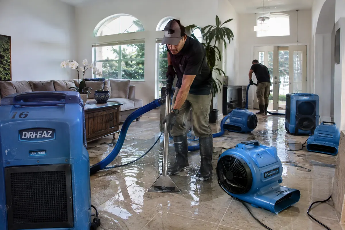 Technician extracting water from a tile living room floor while air movers and a dehumidifier run