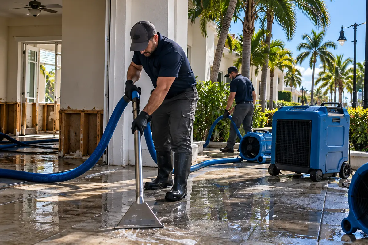 Two technicians extracting water from a wet ground floor entry with an air mover and dehumidifier
