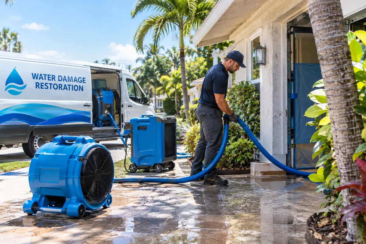 Technician running an extraction hose from a service van into a home entry with an air mover and dehumidifier outside