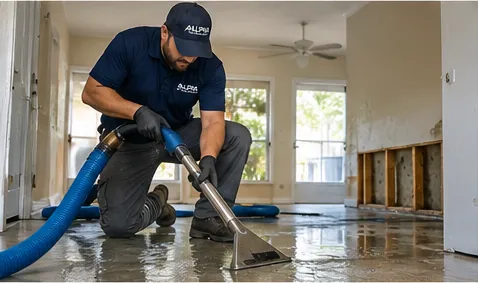 Water damage restoration Oakland Park technician extracting standing water from a tile floor